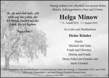 Traueranzeige von Helga Minow von Norddeutsche Neueste Nachrichten