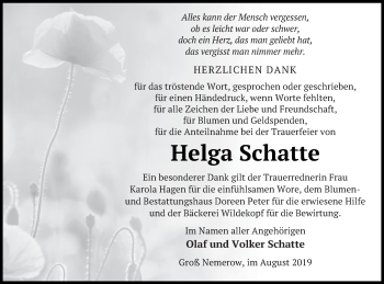 Traueranzeige von Helga Schatte von Neubrandenburger Zeitung