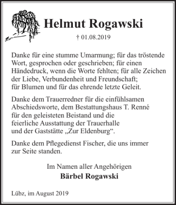 Traueranzeige von Helmut Rogawski von Zeitung für Lübz - Goldberg - Plau