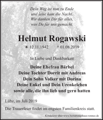 Traueranzeige von Helmut Rogawski von Zeitung für Lübz - Goldberg - Plau