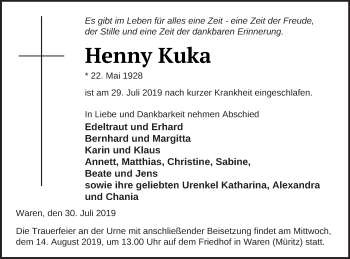 Traueranzeige von Henny Kuka von Müritz-Zeitung