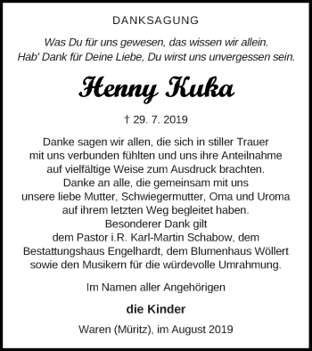 Traueranzeige von Henny Kuka von Müritz-Zeitung