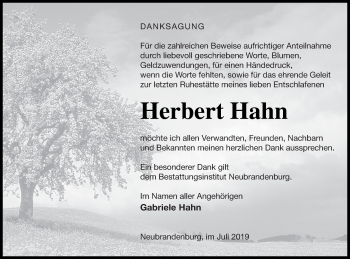 Traueranzeige von Herbert Hahn von Neubrandenburger Zeitung