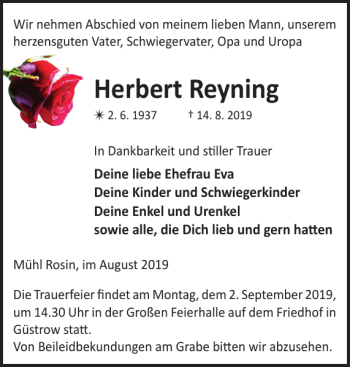 Traueranzeige von Herbert Reyning von Güstrower Tageblatt