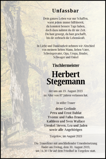 Traueranzeige von Herbert Stegemann von Haff-Zeitung
