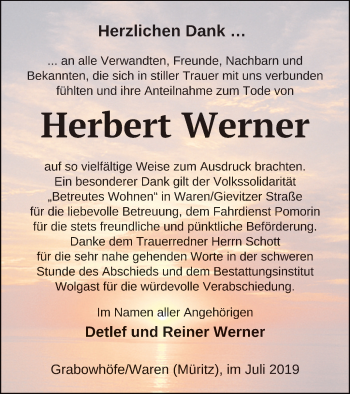 Traueranzeige von Herbert Werner von Müritz-Zeitung