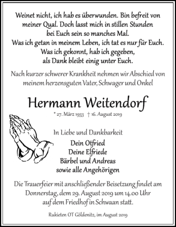 Traueranzeige von Hermann Weitendorf von Bützower Zeitung