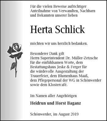 Traueranzeige von Herta Schlick von Prenzlauer Zeitung