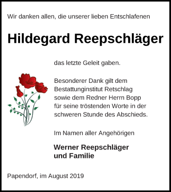 Traueranzeige von Hildegard Reepschläger von Pasewalker Zeitung