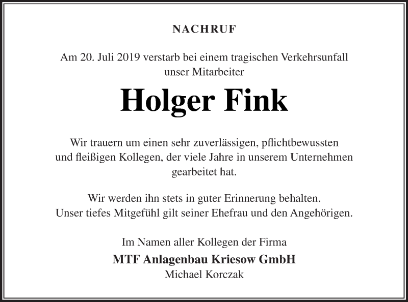  Traueranzeige für Holger Fink vom 06.08.2019 aus Neubrandenburger Zeitung