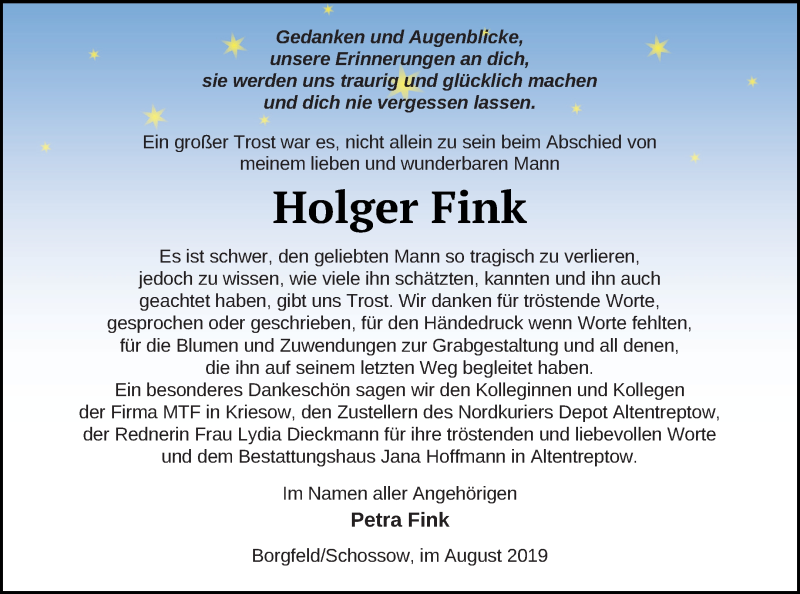  Traueranzeige für Holger Fink vom 16.08.2019 aus Neubrandenburger Zeitung