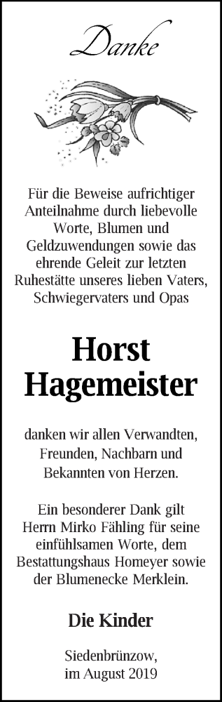 Traueranzeige von Horst Hagemeister von Vorpommern Kurier