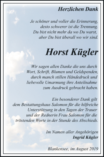 Traueranzeige von Horst Kügler von Pasewalker Zeitung