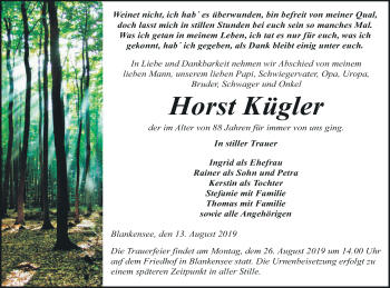 Traueranzeige von Horst Kügler von Pasewalker Zeitung