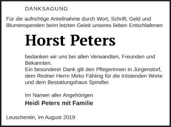 Traueranzeige von Horst Peters von Mecklenburger Schweiz