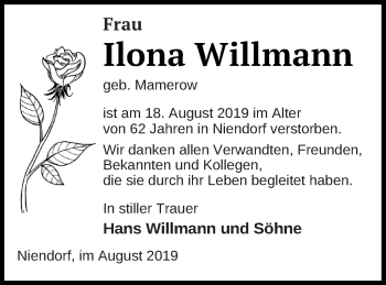 Traueranzeige von Ilona Willmann von Mecklenburger Schweiz