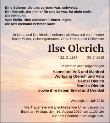 Traueranzeige von Ilse Olerich von Strelitzer Zeitung