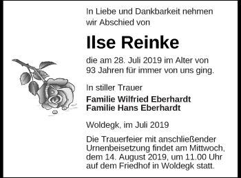 Traueranzeige von Ilse Reinke von Strelitzer Zeitung