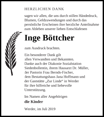 Traueranzeige von Inge Böttcher von Neubrandenburger Zeitung