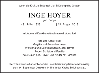 Traueranzeige von Inge Hoyer von Prenzlauer Zeitung