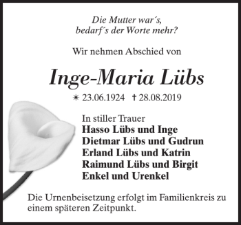 Traueranzeige von Inge-Maria Lübs von Der Prignitzer