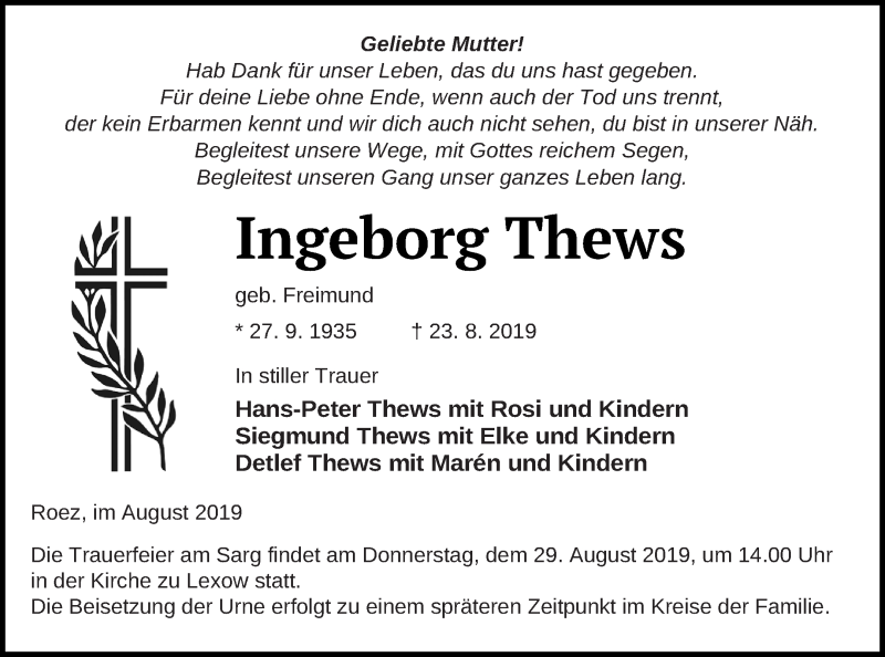  Traueranzeige für Ingeborg Thews vom 27.08.2019 aus Müritz-Zeitung