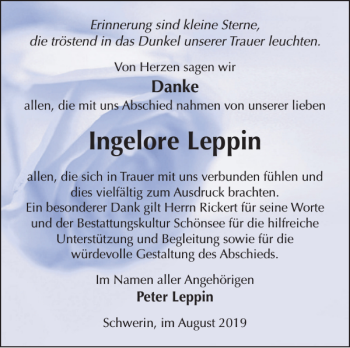 Traueranzeige von Ingelore Leppin von Zeitung für die Landeshauptstadt