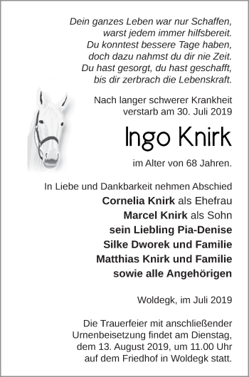 Traueranzeige von Ingo Knirk von Strelitzer Zeitung