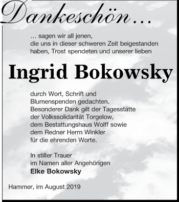 Traueranzeige von Ingrid Bokowsky von Haff-Zeitung