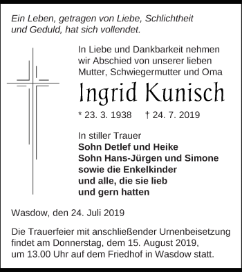 Traueranzeige von Ingrid Kunisch von Mecklenburger Schweiz