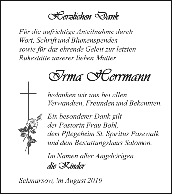 Traueranzeige von Irma Herrmann von Pasewalker Zeitung