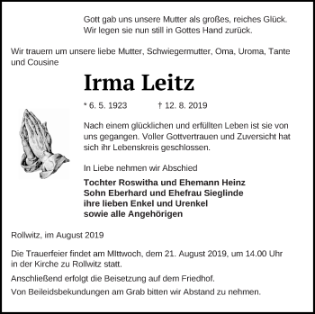 Traueranzeige von Irma Leitz von Pasewalker Zeitung