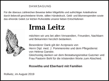 Traueranzeige von Irma Leitz von Pasewalker Zeitung