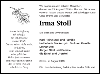 Traueranzeige von Irma Stoll von Strelitzer Zeitung