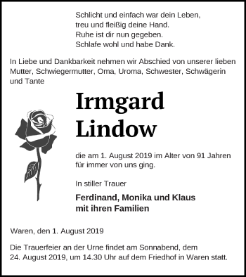 Traueranzeige von Irmgard Lindow von Müritz-Zeitung