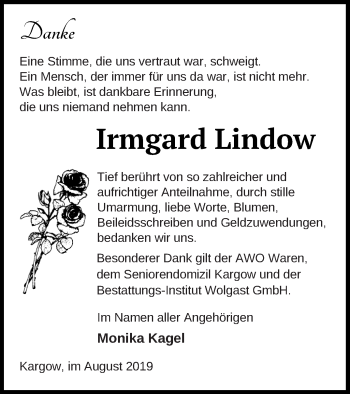 Traueranzeige von Irmgard Lindow von Müritz-Zeitung