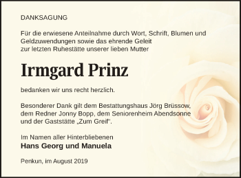 Traueranzeige von Irmgard Prinz von Pasewalker Zeitung