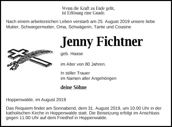 Traueranzeige von Janny Fichtner von Haff-Zeitung