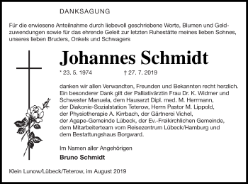 Traueranzeige von Johannes Schmidt von Mecklenburger Schweiz