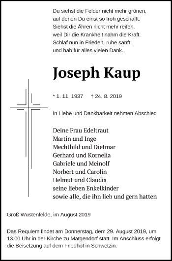 Traueranzeige von Joseph Kaup von Mecklenburger Schweiz