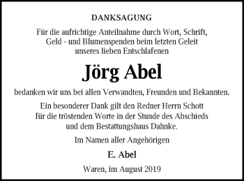 Traueranzeige von Jörg Abel von Müritz-Zeitung