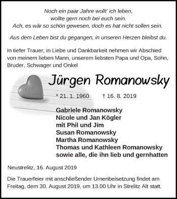 Traueranzeige von Jürgen Romanowsky von Strelitzer Zeitung