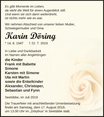 Traueranzeige von Karin Döring von Prenzlauer Zeitung