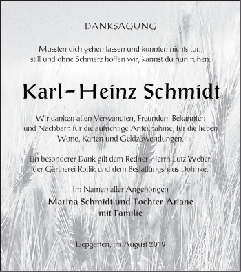 Traueranzeige von Karl-Heinz Schmidt von Haff-Zeitung