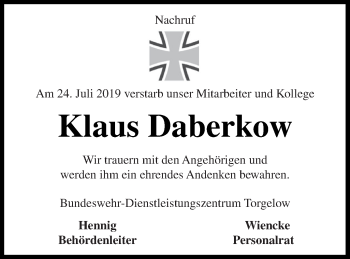 Traueranzeige von Klaus Daberkow von Neubrandenburger Zeitung