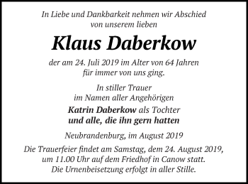 Traueranzeige von Klaus Daberkow von Neubrandenburger Zeitung