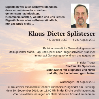 Traueranzeige von Klaus-Dieter Splisteser von Prenzlauer Zeitung