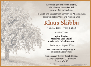 Traueranzeige von Klaus Skibba von Pasewalker Zeitung