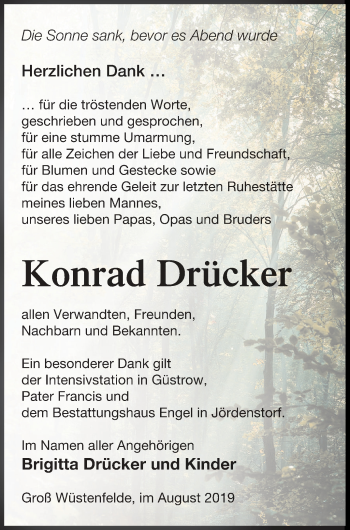 Traueranzeige von Konrad Drücker von Mecklenburger Schweiz