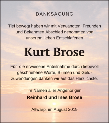 Traueranzeige von Kurt Brose von Haff-Zeitung